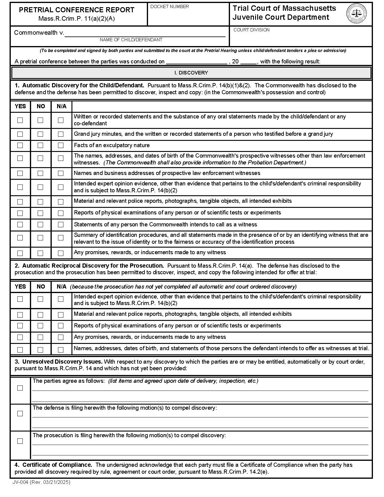 Pretrial Conference Report {JV-004} | Pdf Fpdf Docx | Massachusetts
