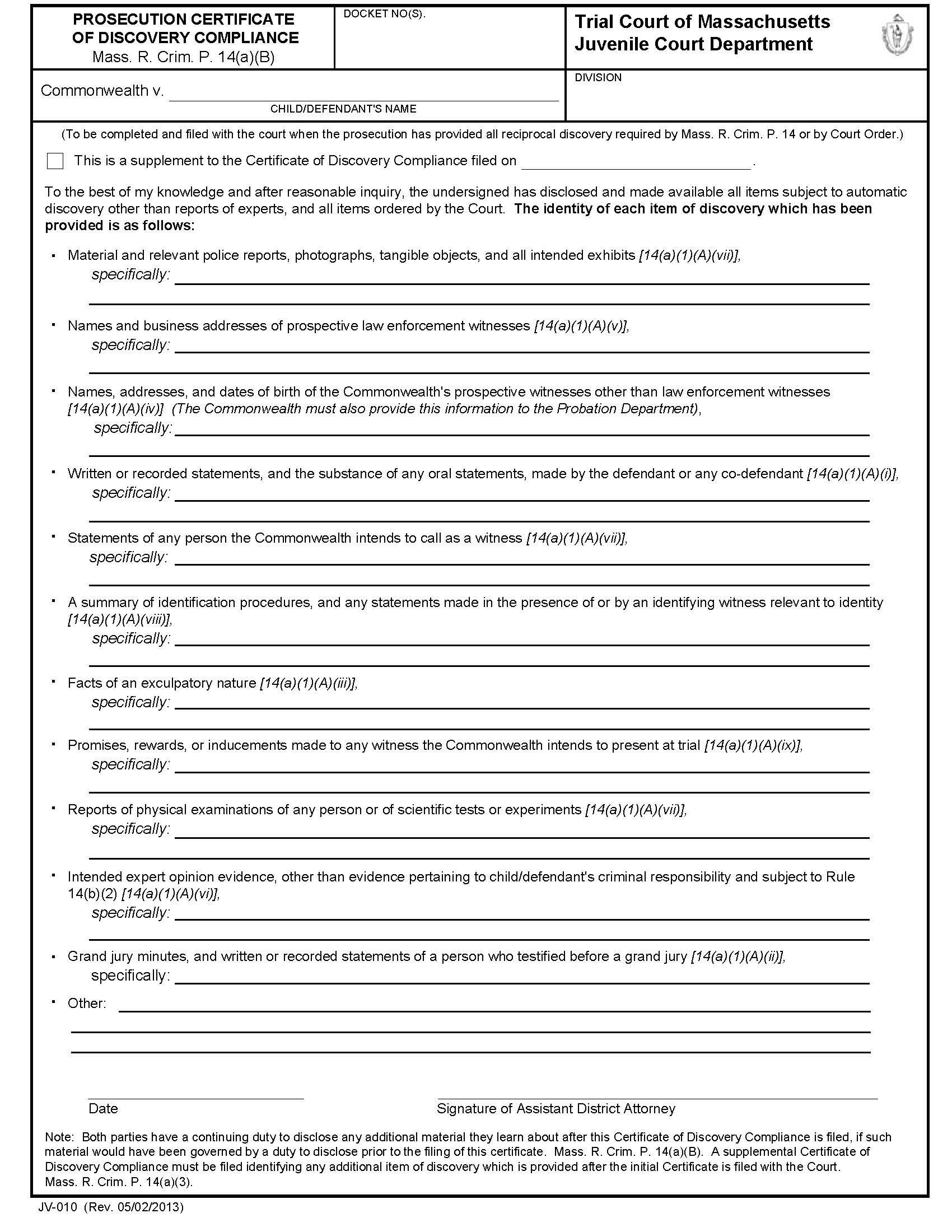 Prosecution Certificate Of Discovery Compliance {JV-010} | Pdf Fpdf Docx | Massachusetts