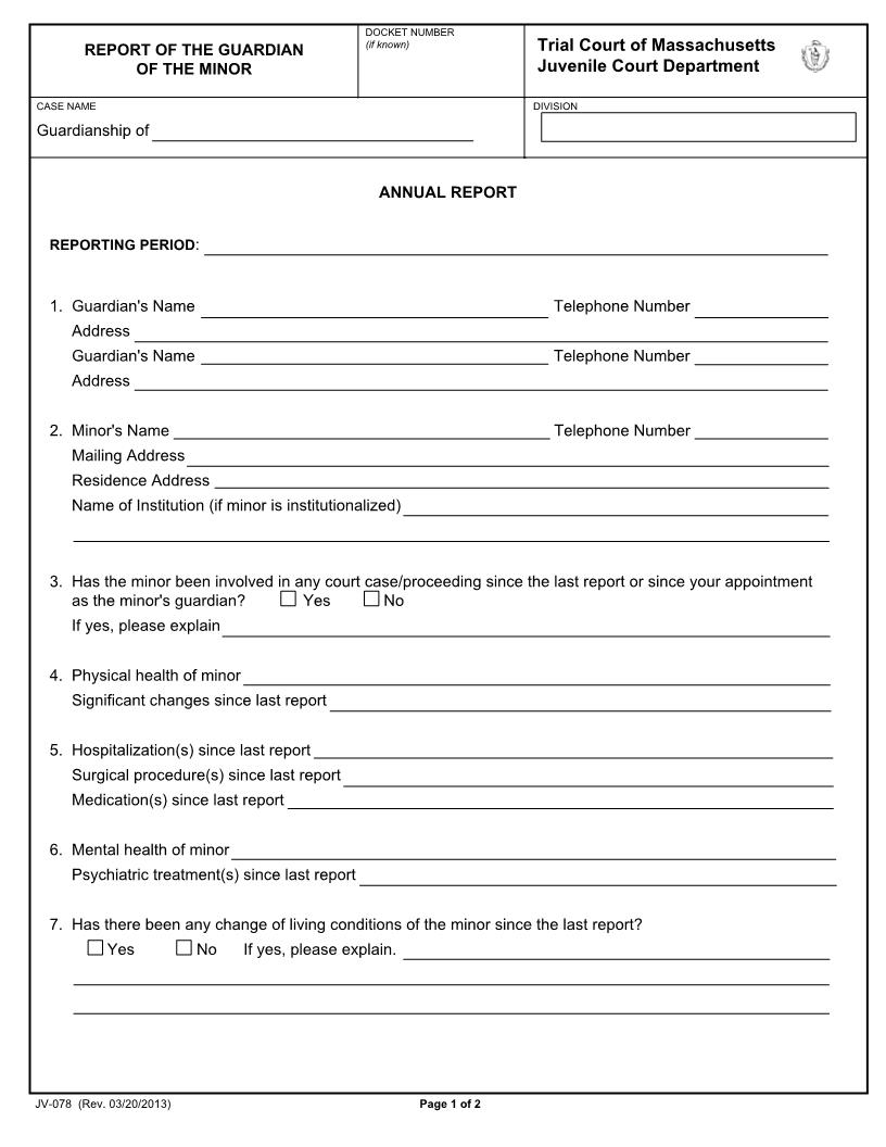Report Of The Guardian Of The Minor {JV-078} | Pdf Fpdf Docx | Massachusetts