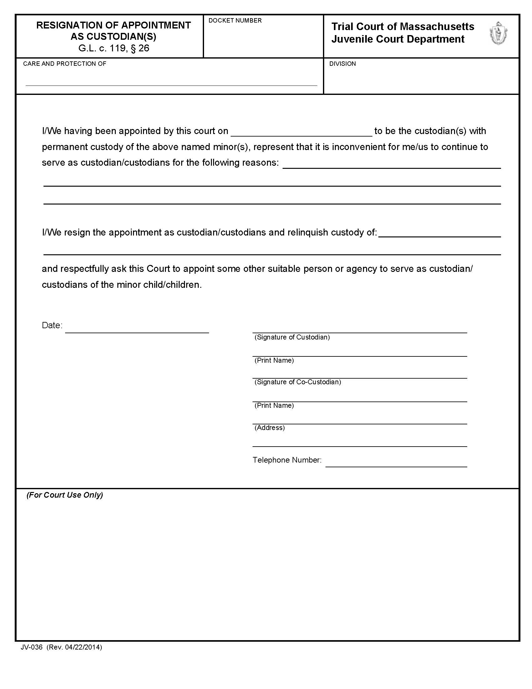 Resignation Of Appointment As Custodian(s) {JV-036} | Pdf Fpdf Docx | Massachusetts