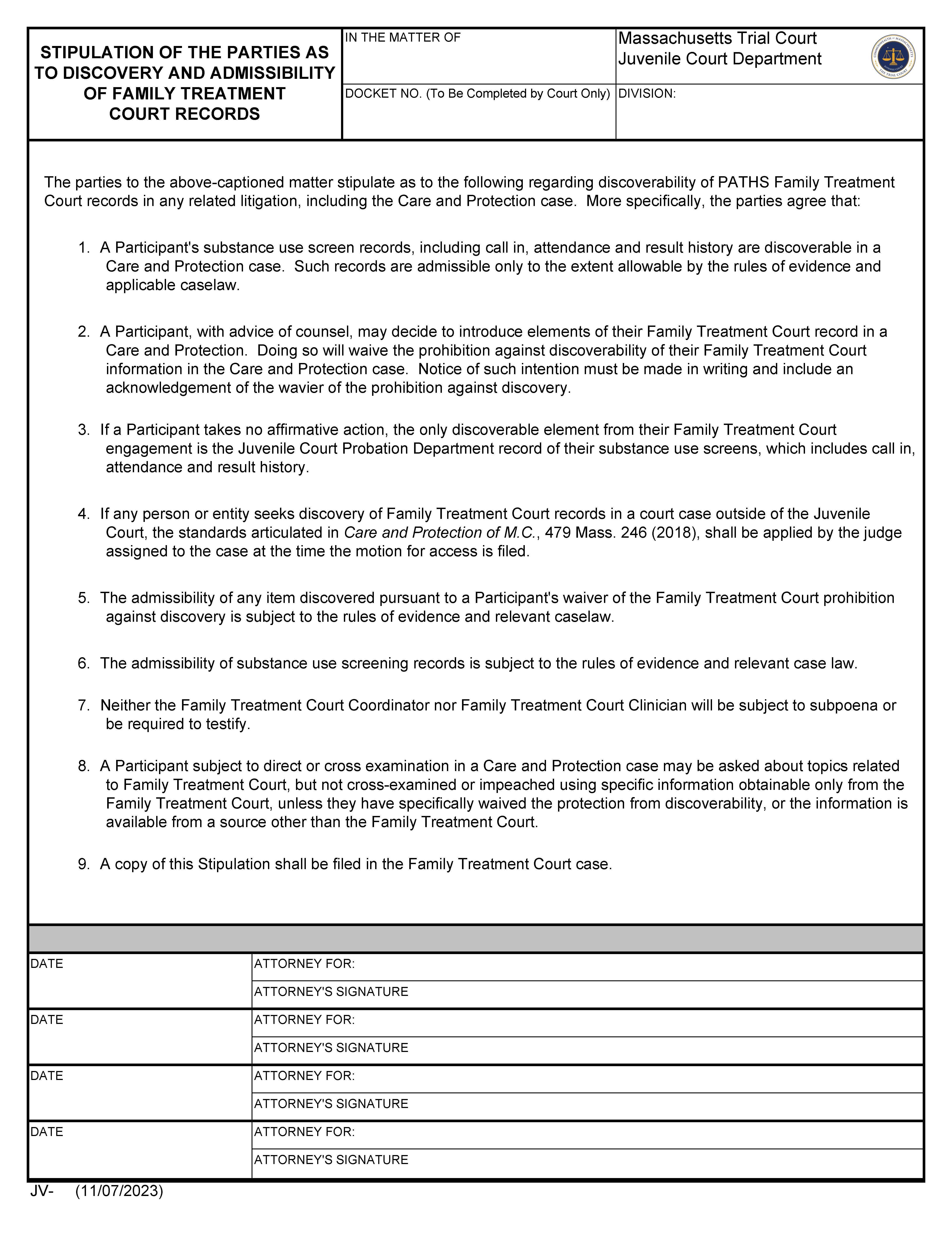 Stipulation Of The Parties As To Discovery And Admissibility Of Family Treatment | Pdf Fpdf Docx | Massachusetts