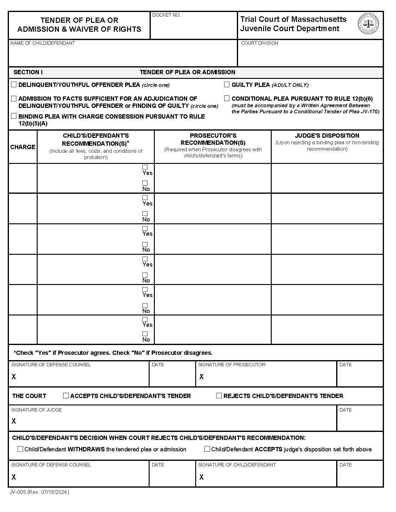 Tender Of Plea Or Admission And Waiver Of Rights {JV-005} | Pdf Fpdf Docx | Massachusetts