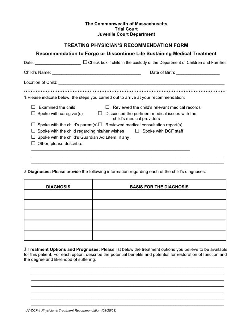 Treating Physicians Recommendation Form {JV-DCF-MD} | Pdf Fpdf Docx | Massachusetts