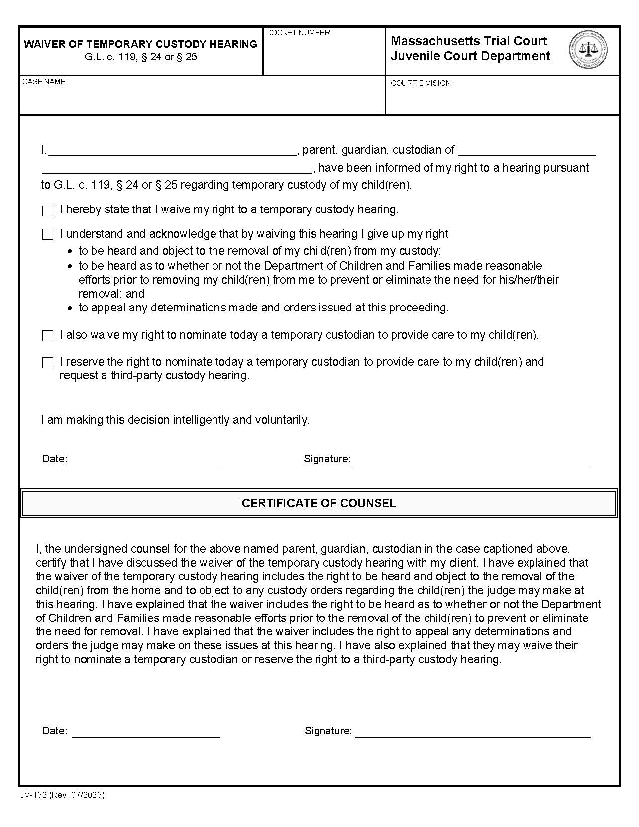 Waiver Of Temporary Custody Hearing {JV-152} | Pdf Fpdf Docx | Massachusetts