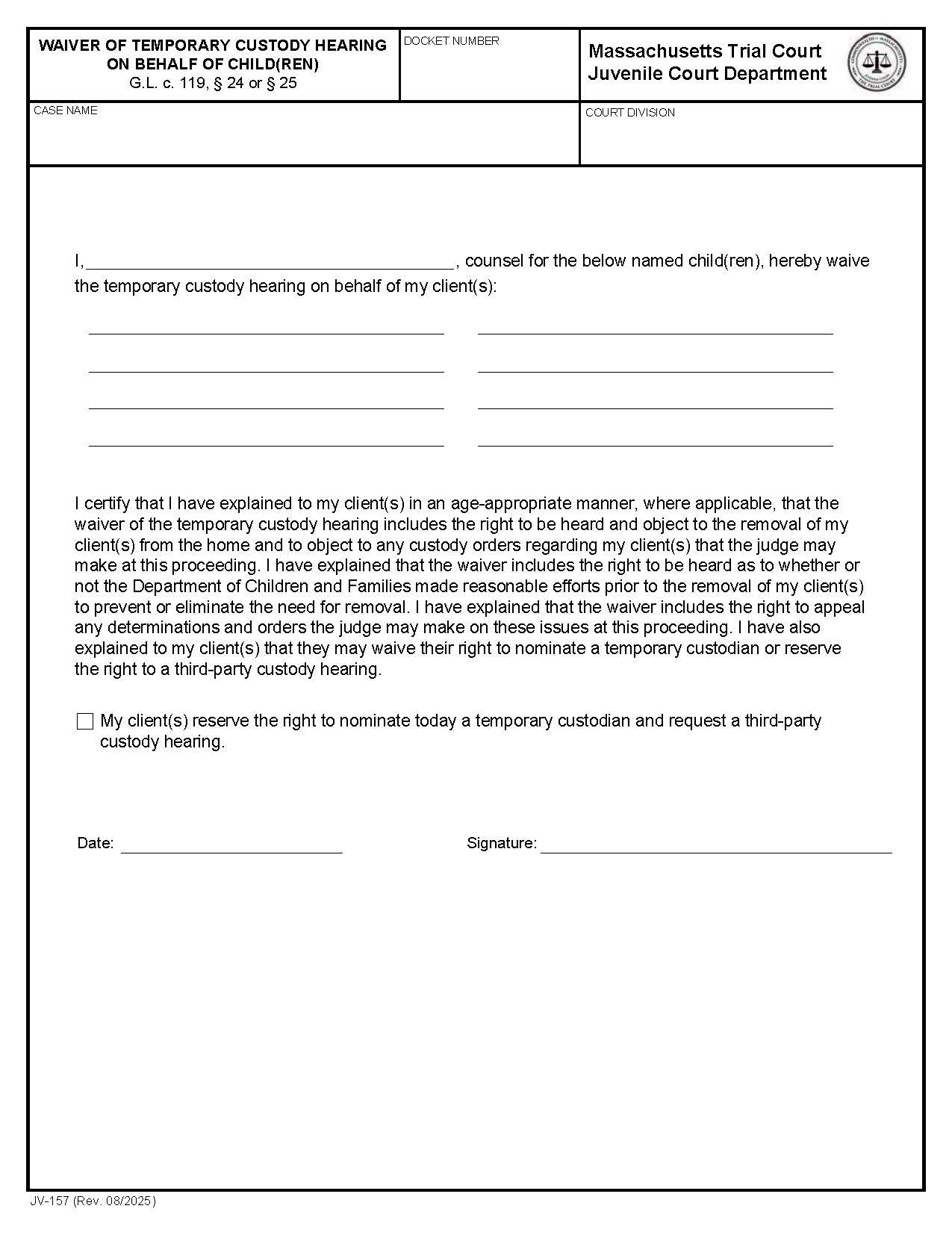 Waiver Of Temporary Custody Hearing On Behalf Of Child(ren) {JV-157} | Pdf Fpdf Docx | Massachusetts