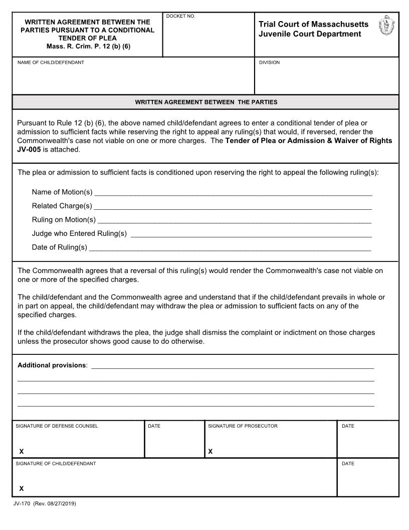 Written Agreement Between The Parties Pursuant To A Conditional Tender Of Plea {JV-170} | Pdf Fpdf Docx | Massachusetts