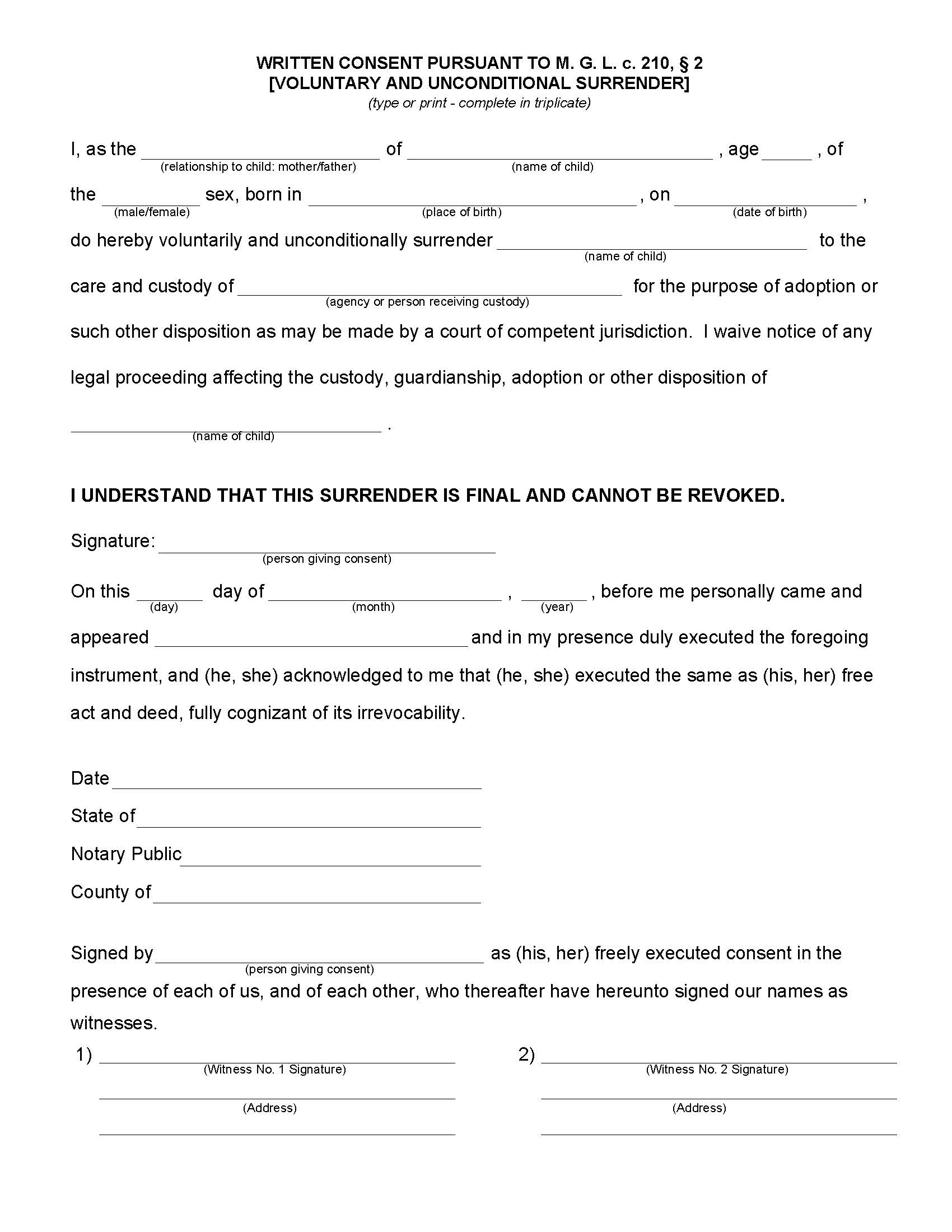 Written Consent-Surrender Of Parental Rights | Pdf Fpdf Docx | Massachusetts