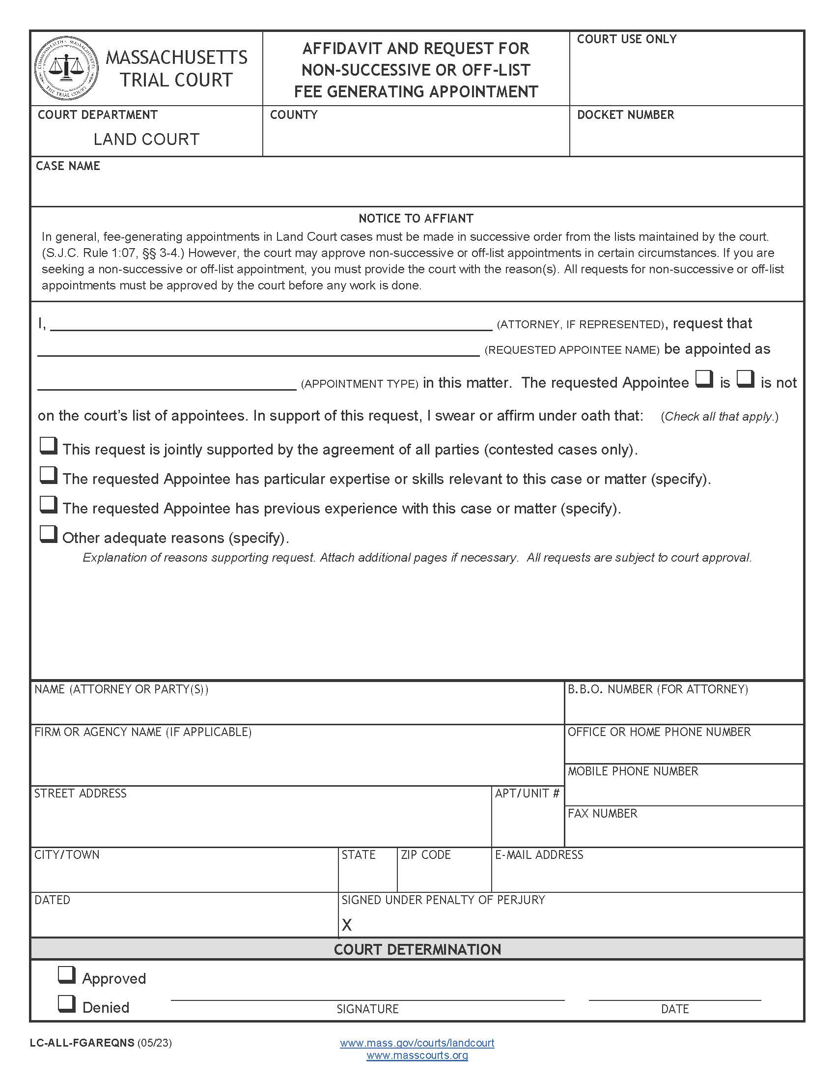 Affidavit And Request For Non-Successive Or Off-List Fee Generating Appointment | Pdf Fpdf Docx | Massachusetts