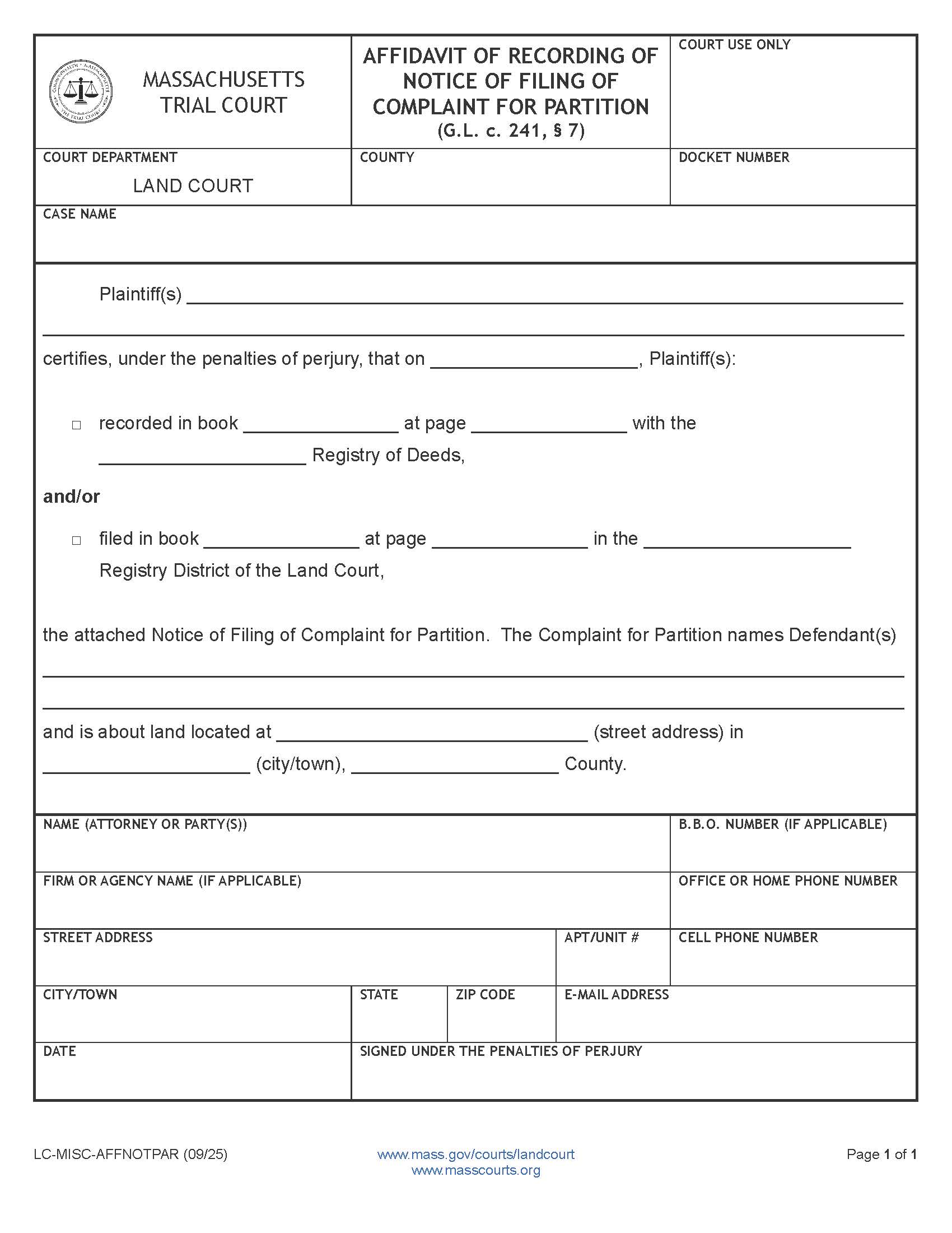 Affidavit Of Recording Of Notice Of Filing Of Complaint For Partition | Pdf Fpdf Docx | Massachusetts