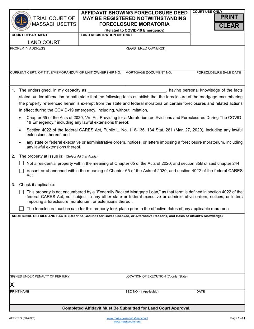 Affidavit Showing Foreclosure Deed May Be Registered Notwithstanding Foreclosure Moratoria | Pdf Fpdf Docx | Massachusetts