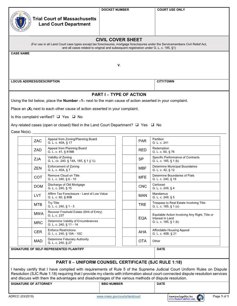 Civil Cover Sheet | Pdf Fpdf Docx | Massachusetts