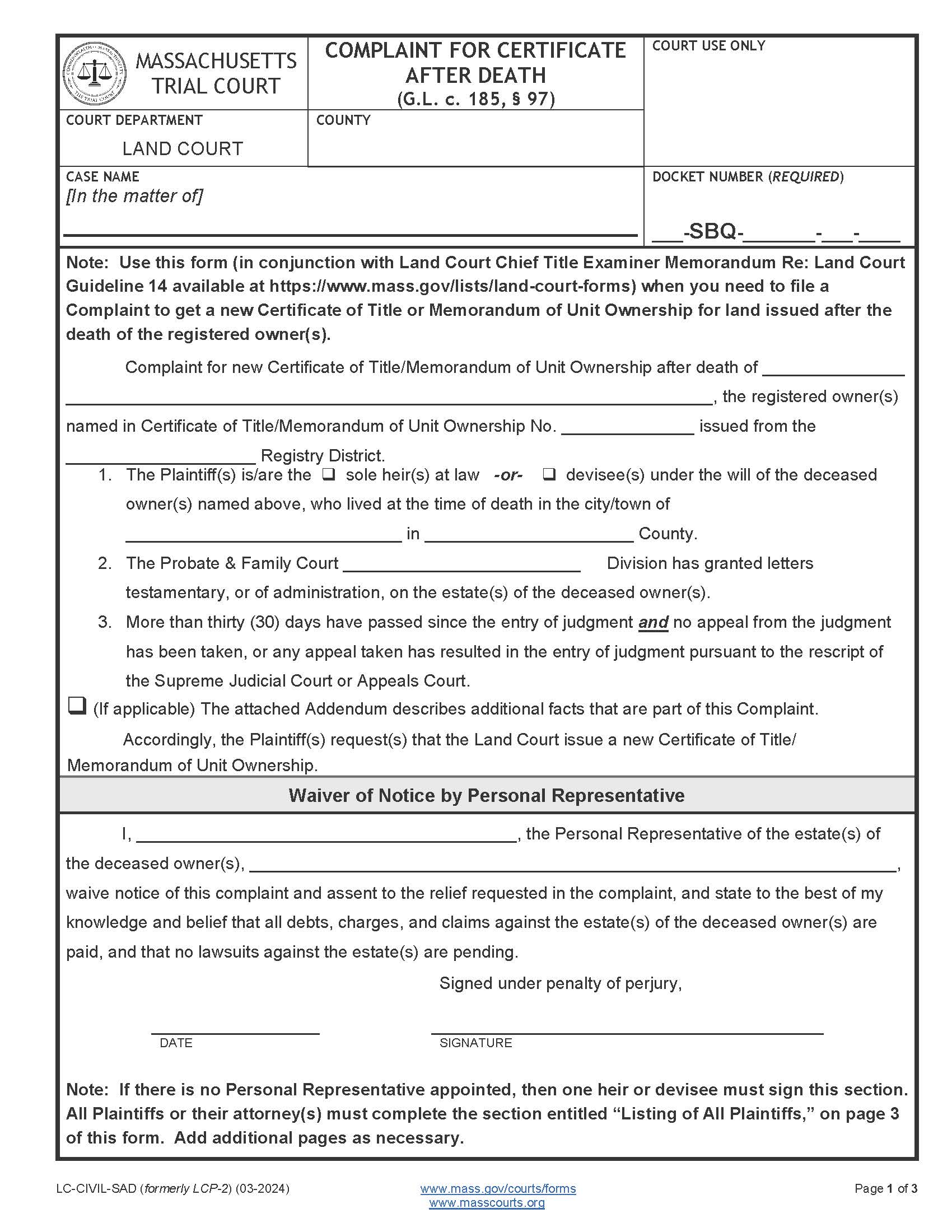 Complaint For Certificate After Death | Pdf Fpdf Docx | Massachusetts