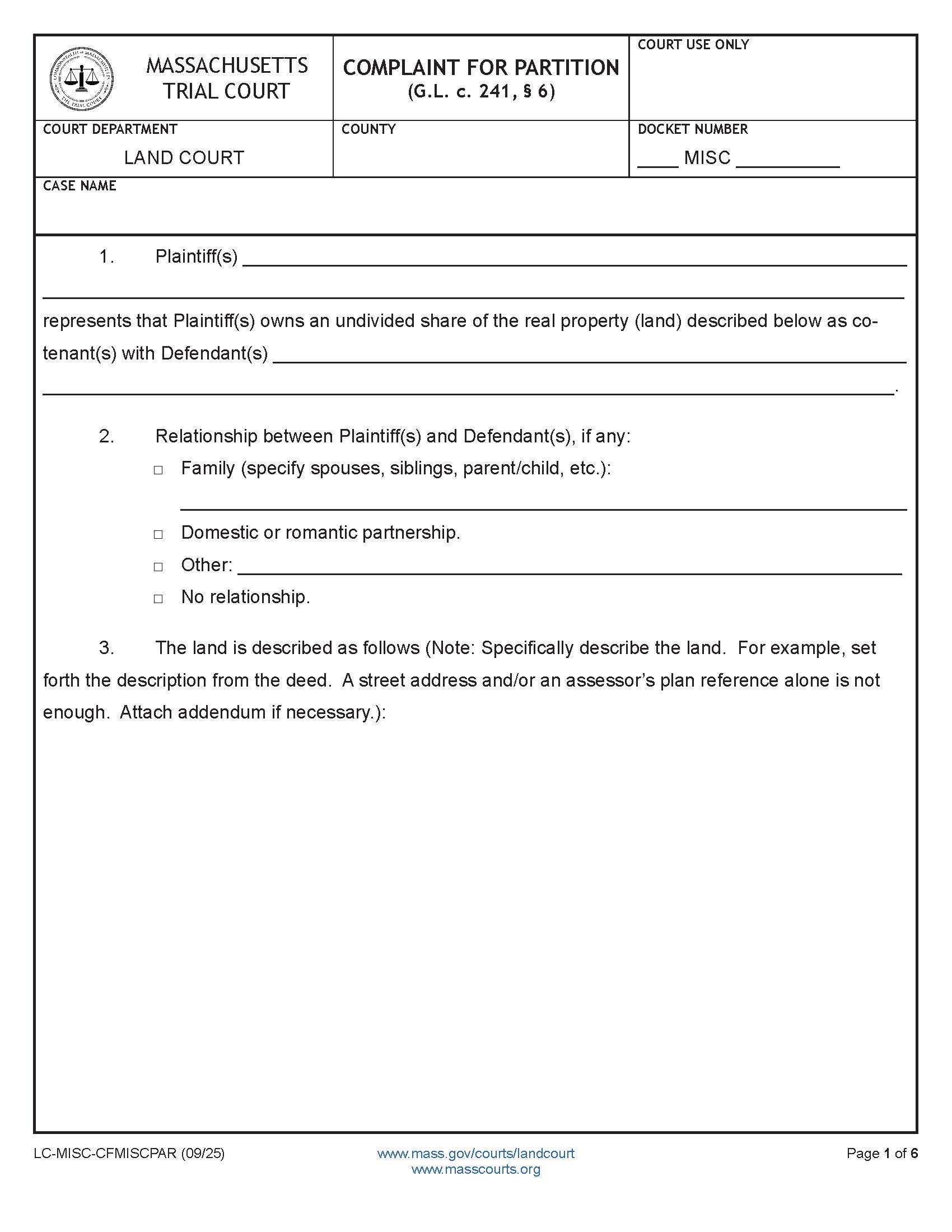 Complaint For Partition | Pdf Fpdf Doc Docx | Massachusetts