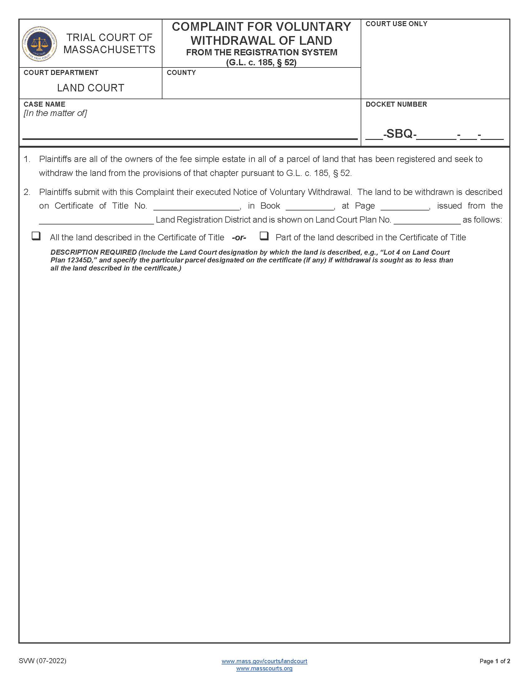 Complaint For Voluntary Withdrawal Of Land From Registration System | Pdf Fpdf Docx | Massachusetts