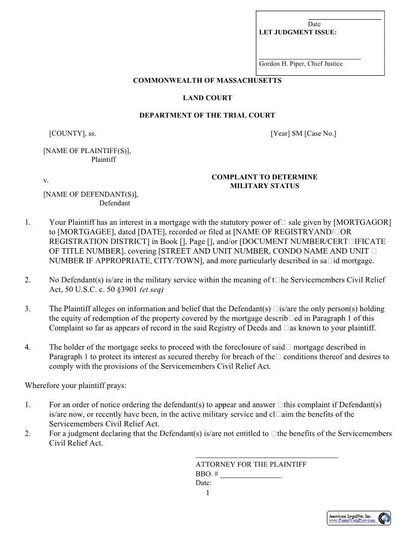 Complaint To Determine Military Status | Pdf Fpdf Docx | Massachusetts
