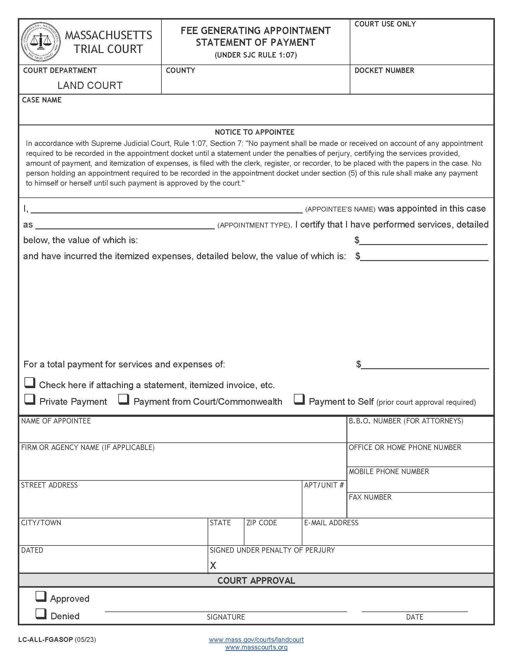 Fee Generating Appointment Statement Of Payment Under SJC Rule 107 | Pdf Fpdf Docx | Massachusetts