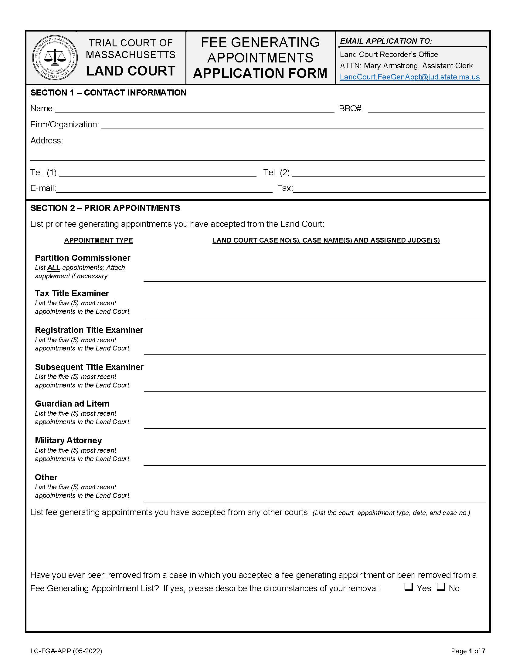 Land Court Fee Generating Appointments Application Form | Pdf Fpdf Docx | Massachusetts