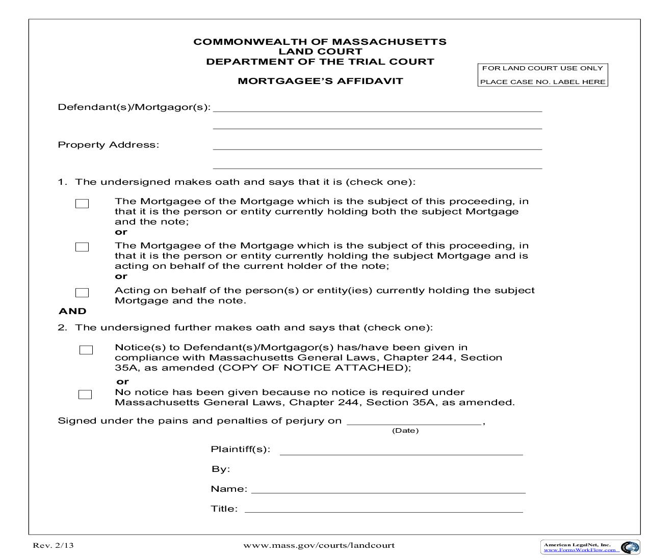 Mortgagees Affidavit | Pdf Fpdf Doc Docx | Massachusetts