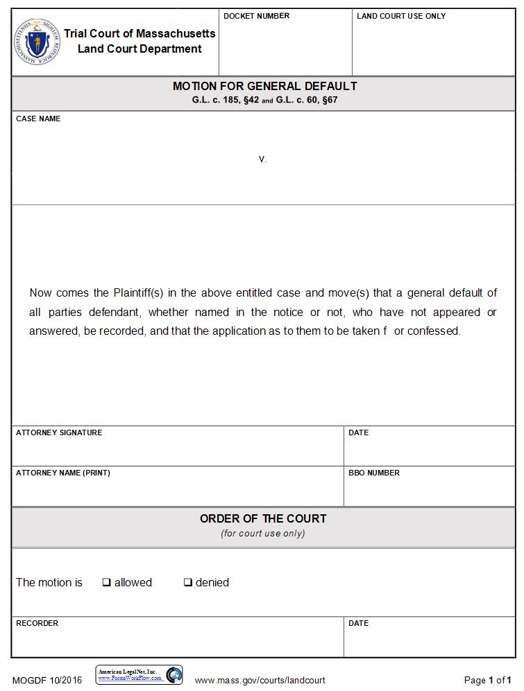 Motion For General Default | Pdf Fpdf Docx | Massachusetts
