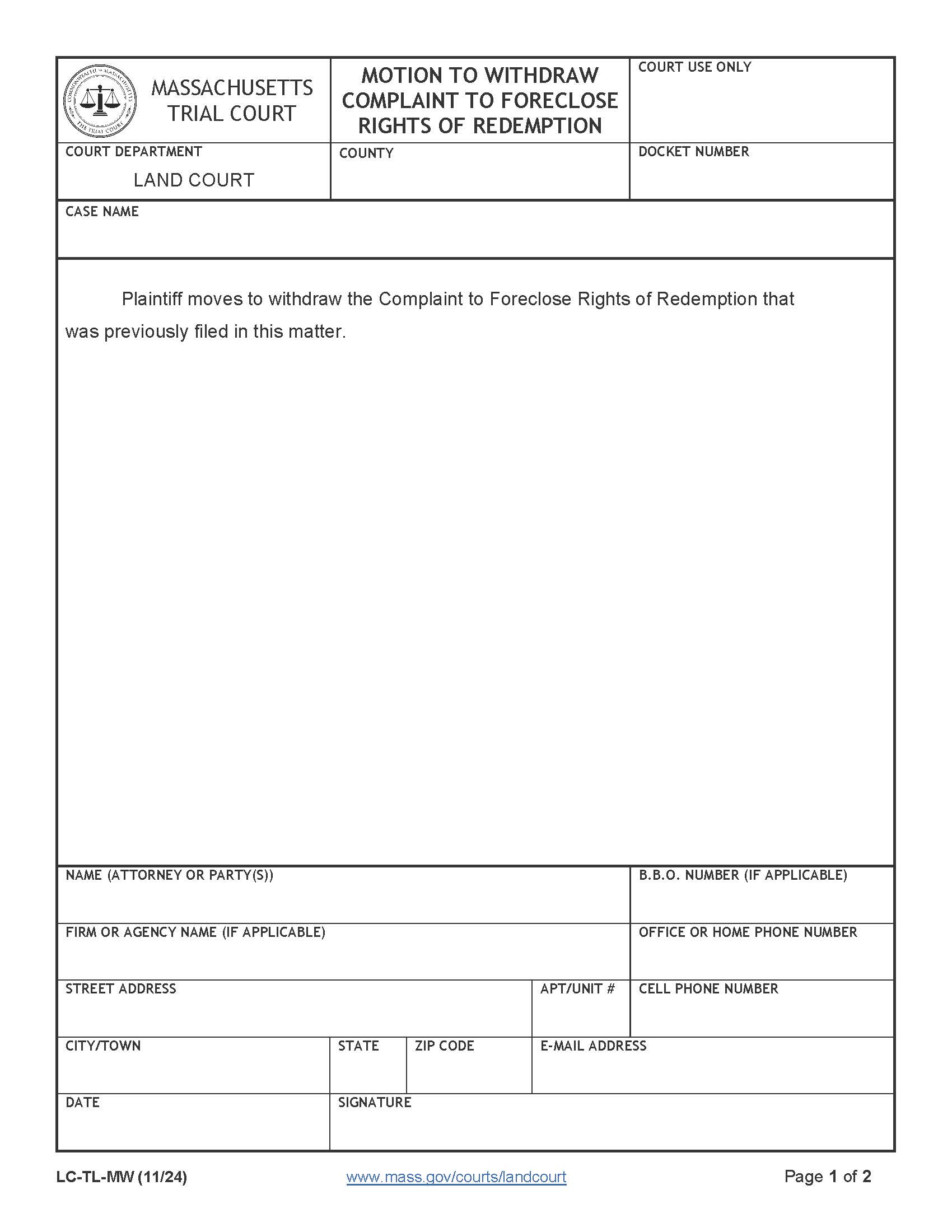 Motion To Withdraw Complaint To Foreclose Rights Of Redemption | Pdf Fpdf Doc Docx | Massachusetts