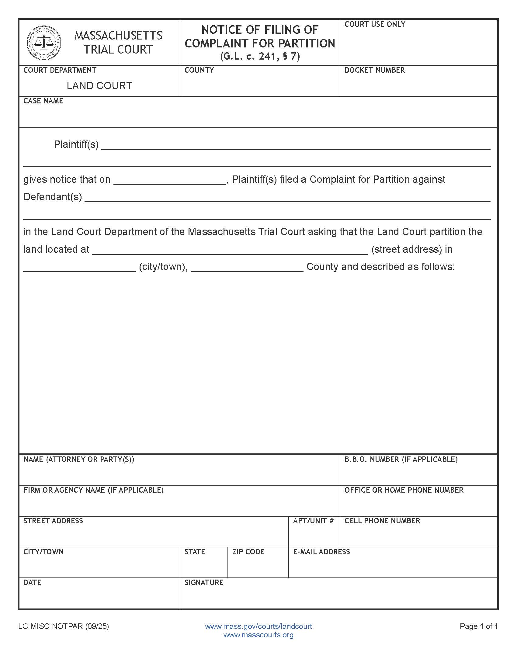 Notice Of Filing Of Complaint For Partition | Pdf Fpdf Docx | Massachusetts