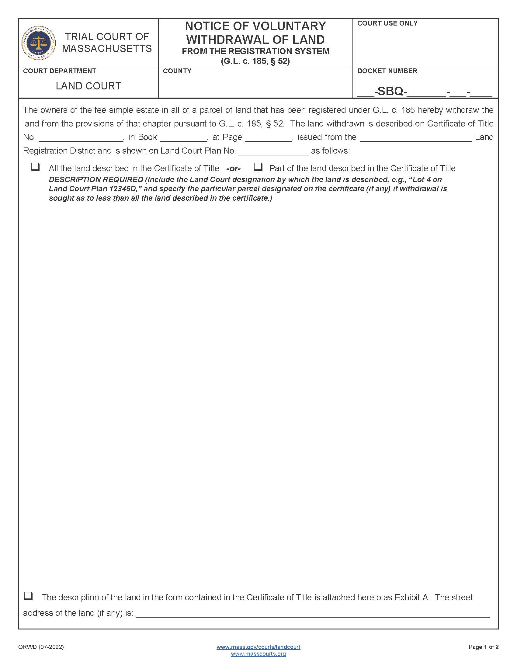 Notice Of Voluntary Withdrawal Of Land From Registration System | Pdf Fpdf Docx | Massachusetts