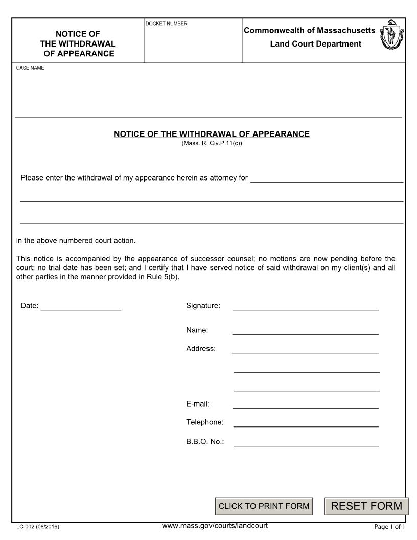 Notice of Withdrawal Of Appearance {LC-002} | Pdf Fpdf Docx | Massachusetts