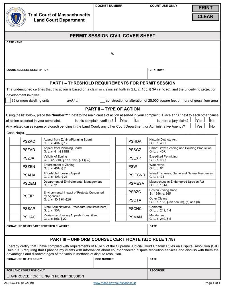 Permit Session Cover Sheet | Pdf Fpdf Doc Docx | Massachusetts
