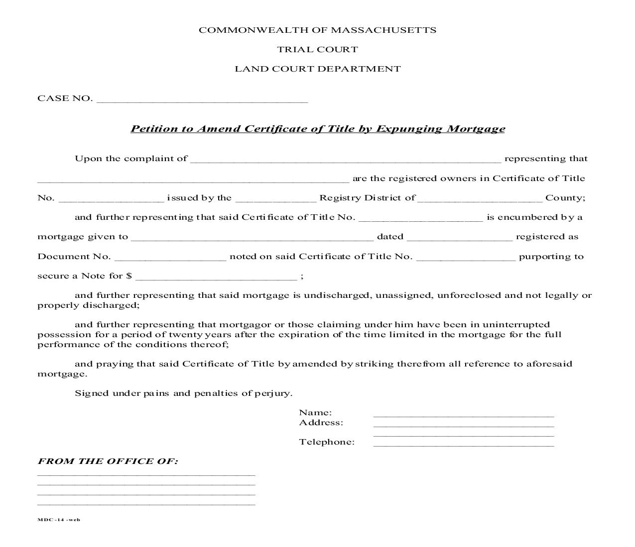 Petition To Amend Certificate Of Title By Expunging Mortgage | Pdf Fpdf Doc Docx | Massachusetts