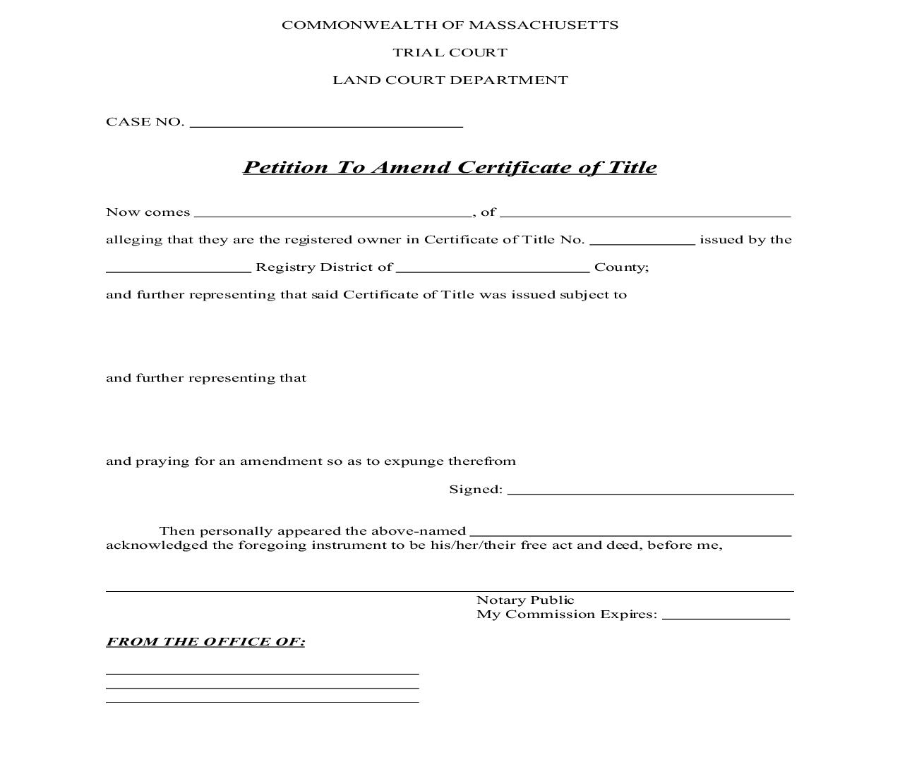 Petition To Amend Certificate Of Title | Pdf Fpdf Doc Docx | Massachusetts