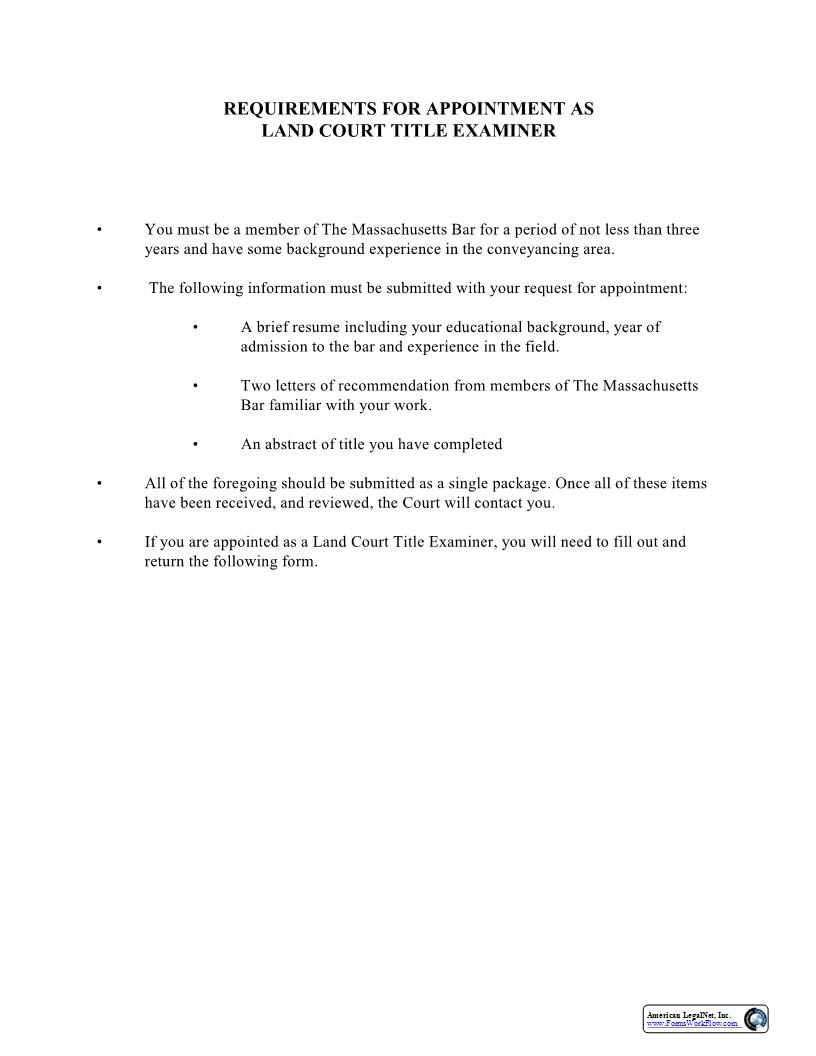 Requirements And Form For Appointment As Land Court Title Examiner | Pdf Fpdf Docx | Massachusetts