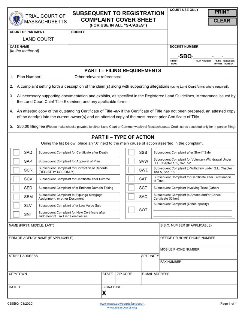 Subsequent To Registration Complaint Cover Sheet | Pdf Fpdf Docx | Massachusetts