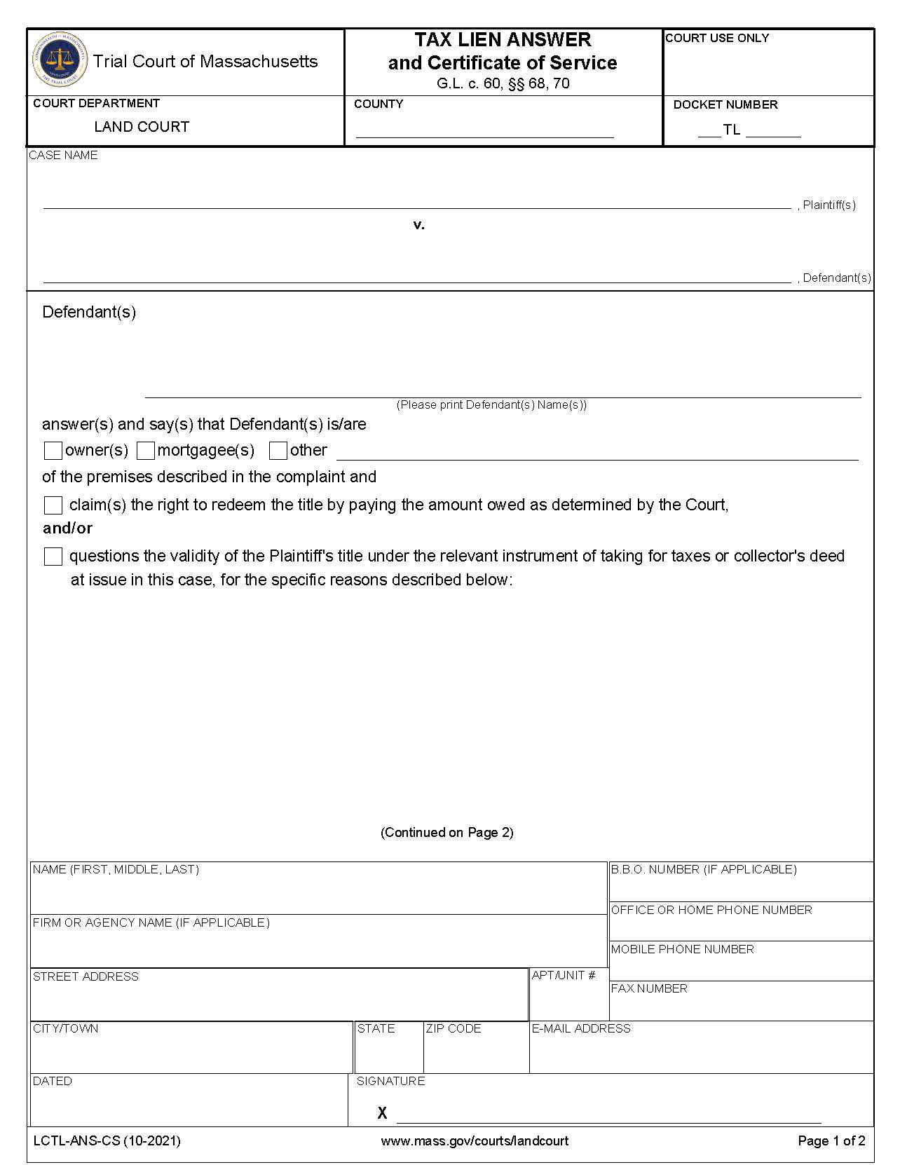 Tax Lien Answer And Certificate Of Service {LCTL-ANS-CS} | Pdf Fpdf Docx | Massachusetts