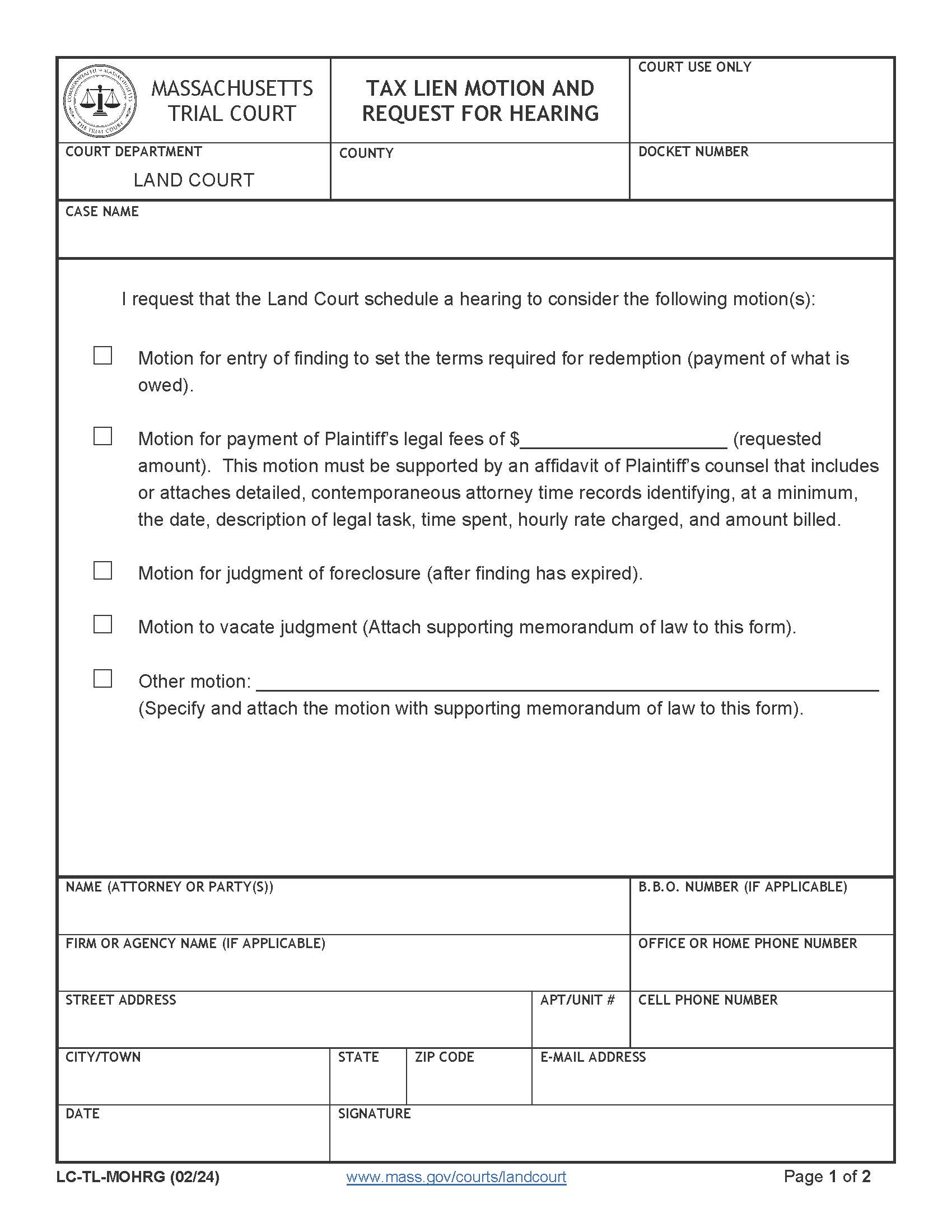 Tax Lien Motion And Request For Hearing (With Certificate Of Service) {LC-TL-MOHRG} | Pdf Fpdf Docx | Massachusetts