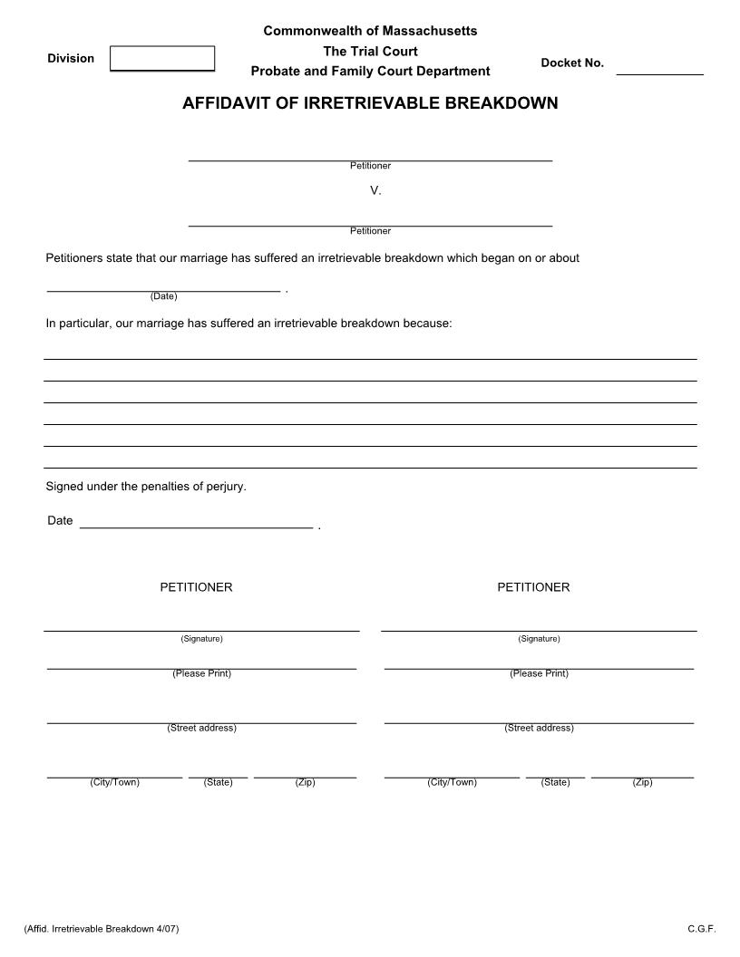 Affidavit Of Irretrievable Breakdown | Pdf Fpdf Docx | Massachusetts