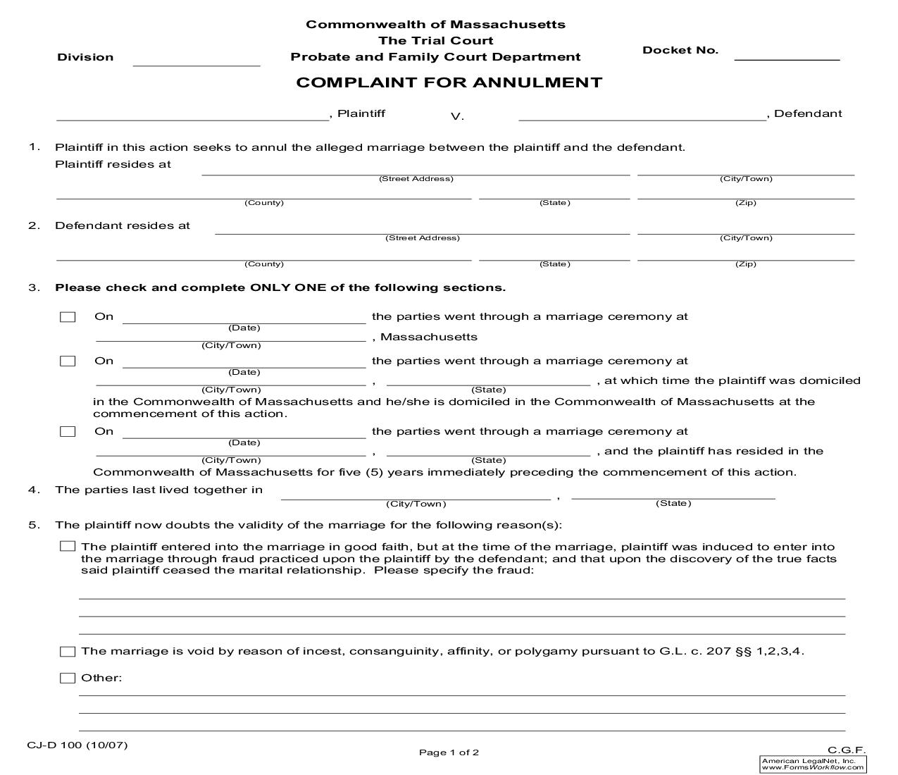 Complaint For Annulment {CJ-D 100} | Pdf Fpdf Doc Docx | Massachusetts
