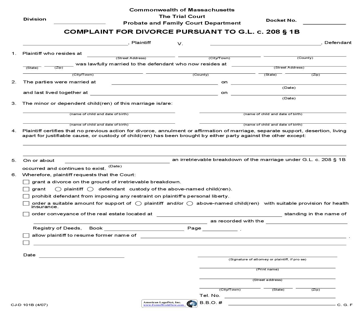 Complaint For Divorce Pursuant To 208, 1B {CJ-D 101B} | Pdf Fpdf Doc Docx | Massachusetts