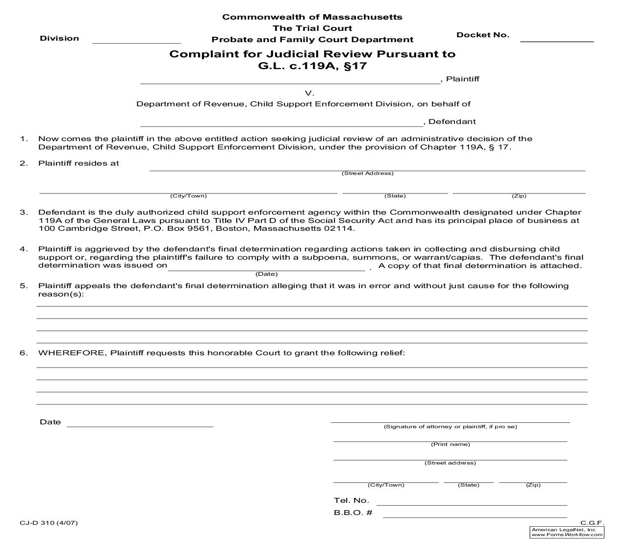 Complaint For Judicial Review Pursuant To Chapter 119A Sec 17 {CJ-D 310} | Pdf Fpdf Doc Docx | Massachusetts