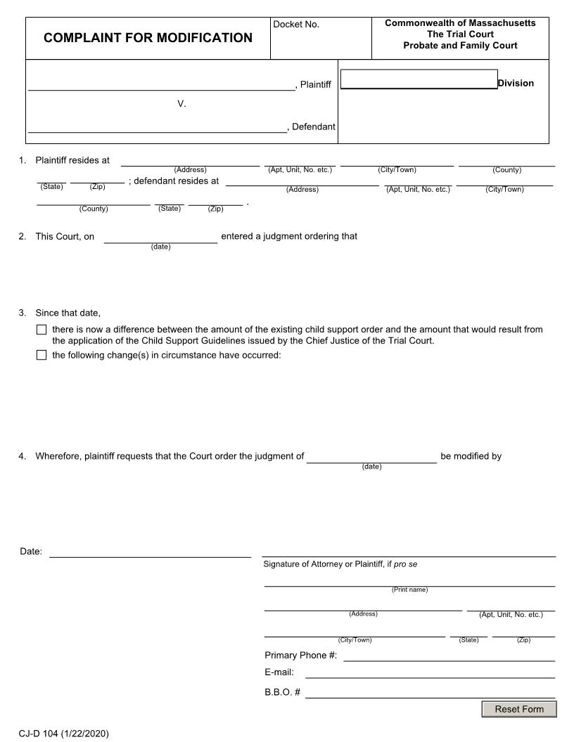 Complaint For Modification {CJ-D 104} | Pdf Fpdf Doc Docx | Massachusetts