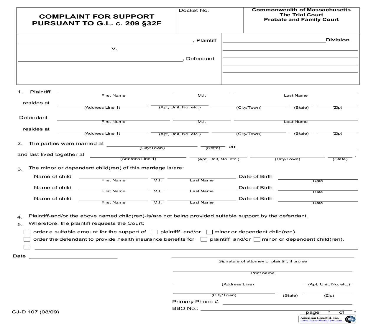 Complaint For Support Pursuant To GLM 209 32 F {CJ-D 107} | Pdf Fpdf Doc Docx | Massachusetts