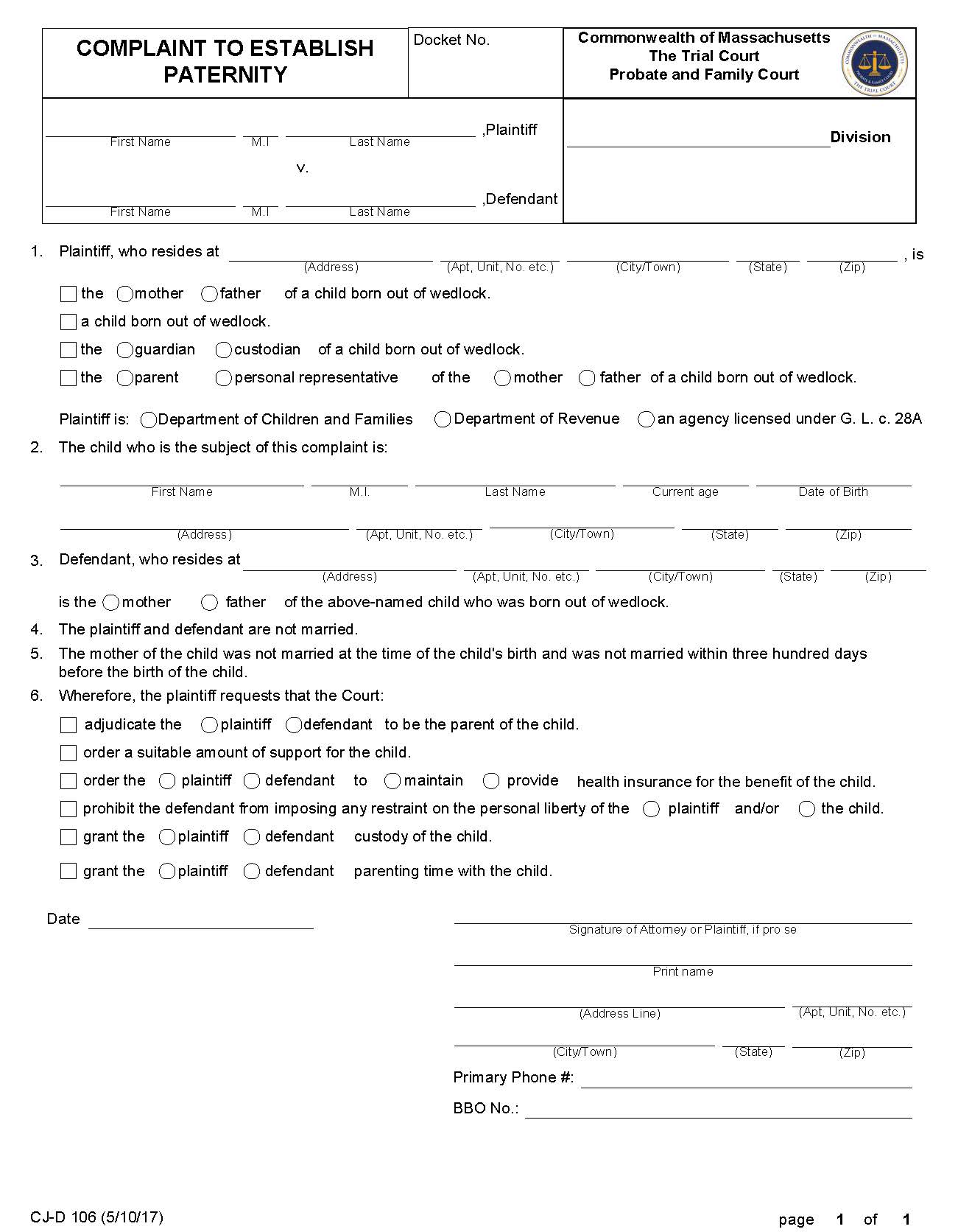 Complaint To Establish Paternity {CJ-D 106} | Pdf Fpdf Doc Docx | Massachusetts