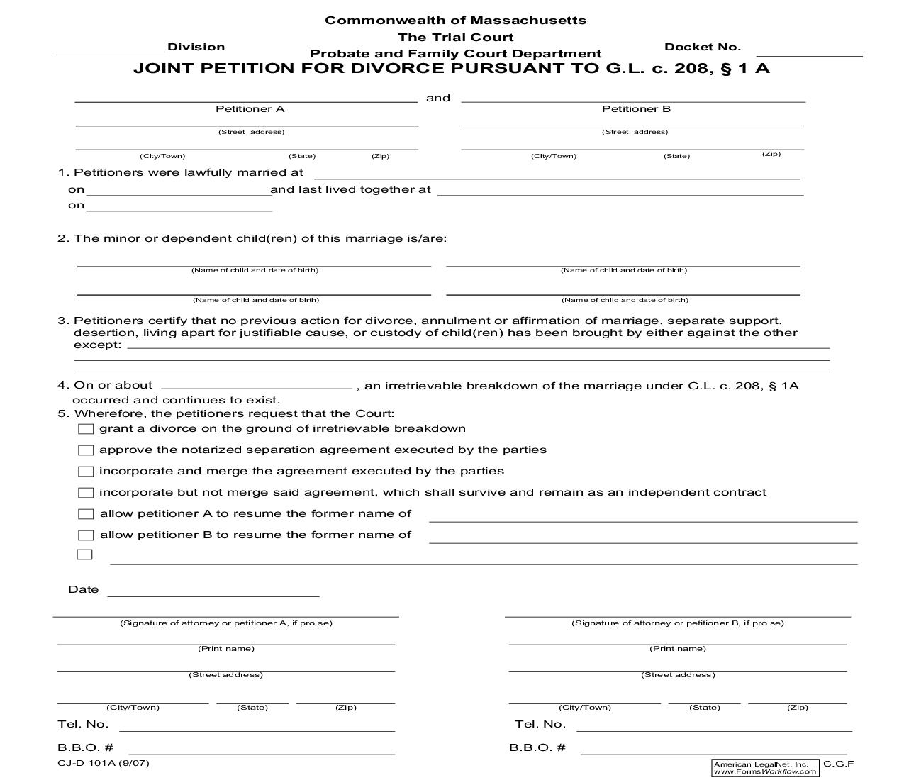 Joint Petition For Divorce-Under MGL CH 128 SEC 1A {CJ-D 101A} | Pdf Fpdf Doc Docx | Massachusetts