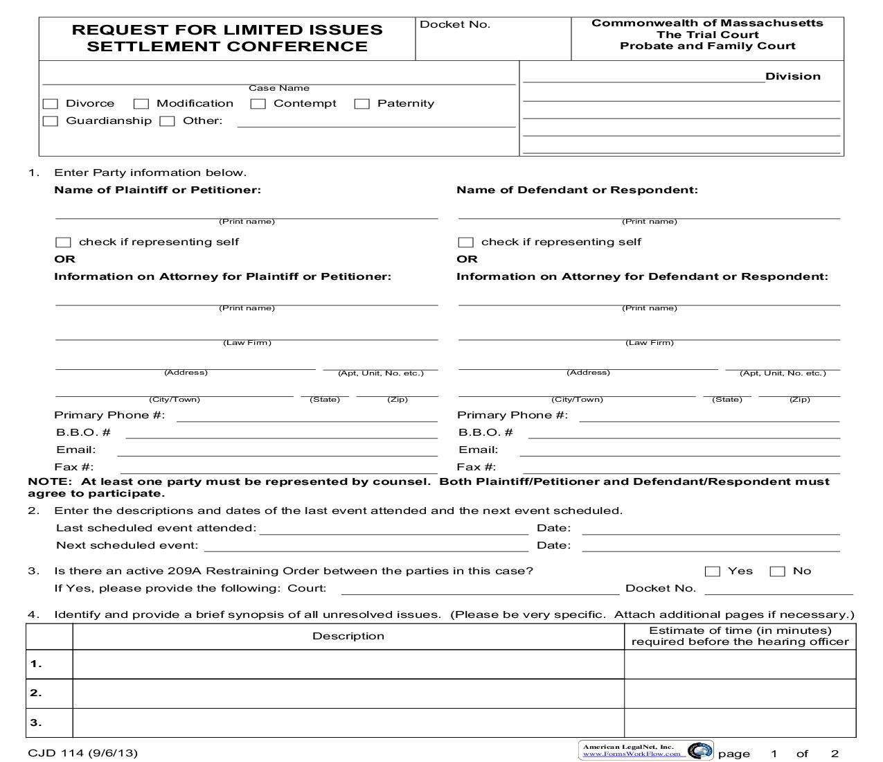 Limited Issues Settlement Conference (Request For) {CJ-D 114} | Pdf Fpdf Doc Docx | Massachusetts