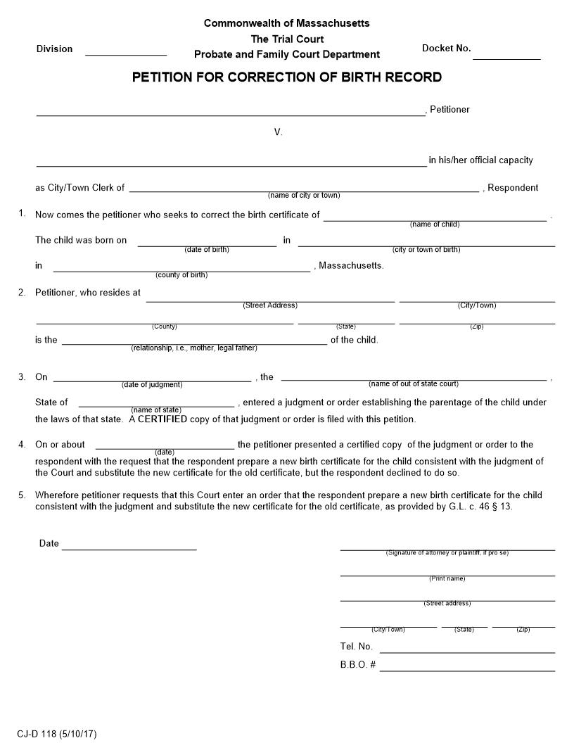 Petition For Correction Of Birth Record {CJ-D 118} | Pdf Fpdf Doc Docx | Massachusetts