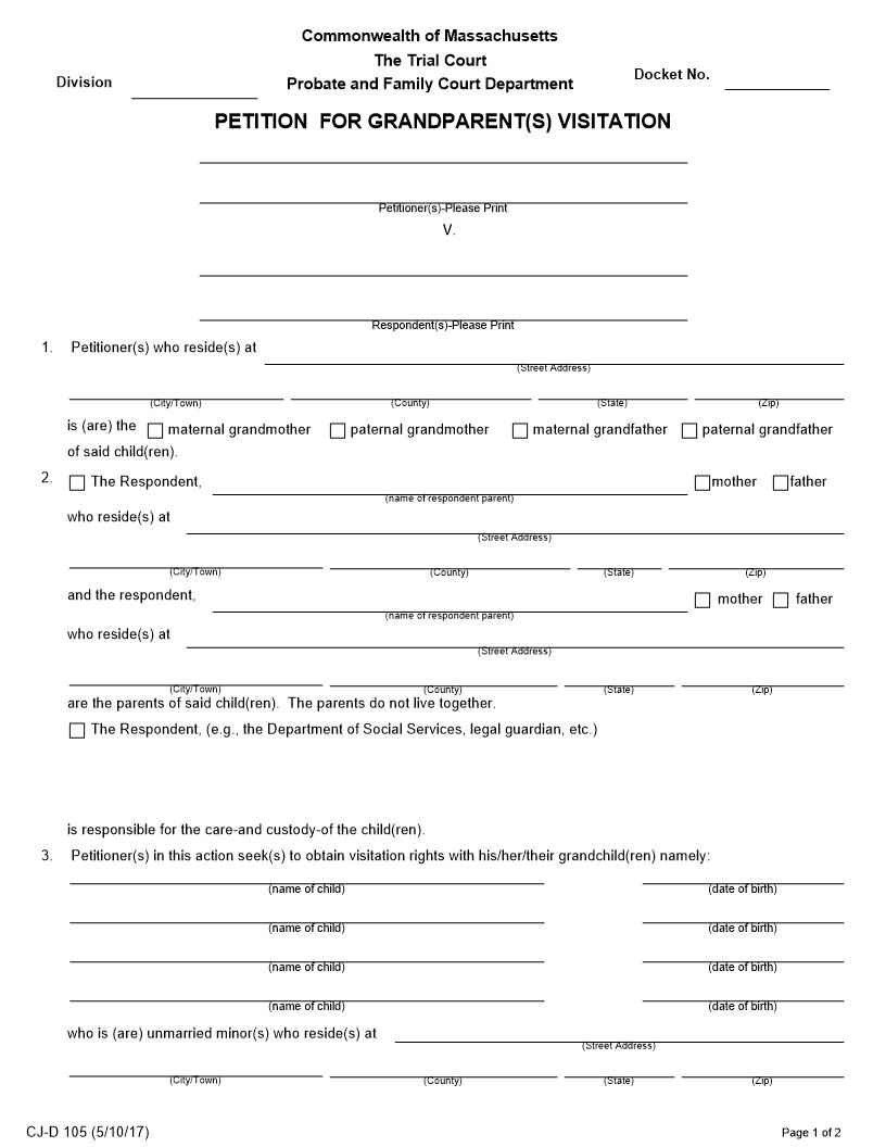 Petition For Grandparent(s) Visitation {CJ-D 105} | Pdf Fpdf Doc Docx | Massachusetts