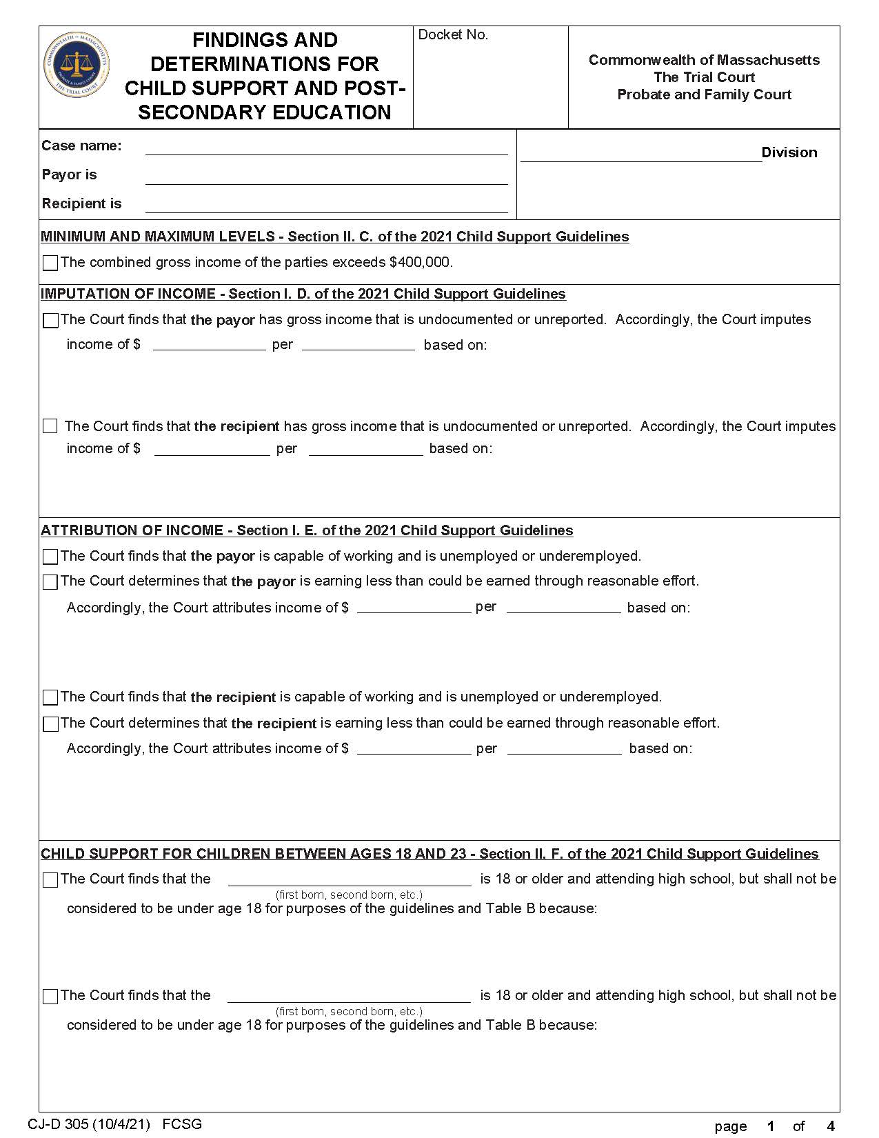 Findings And Determinations For Child Support And Post-Secondary Education {CJD 305} | Pdf Fpdf Doc Docx | Massachusetts