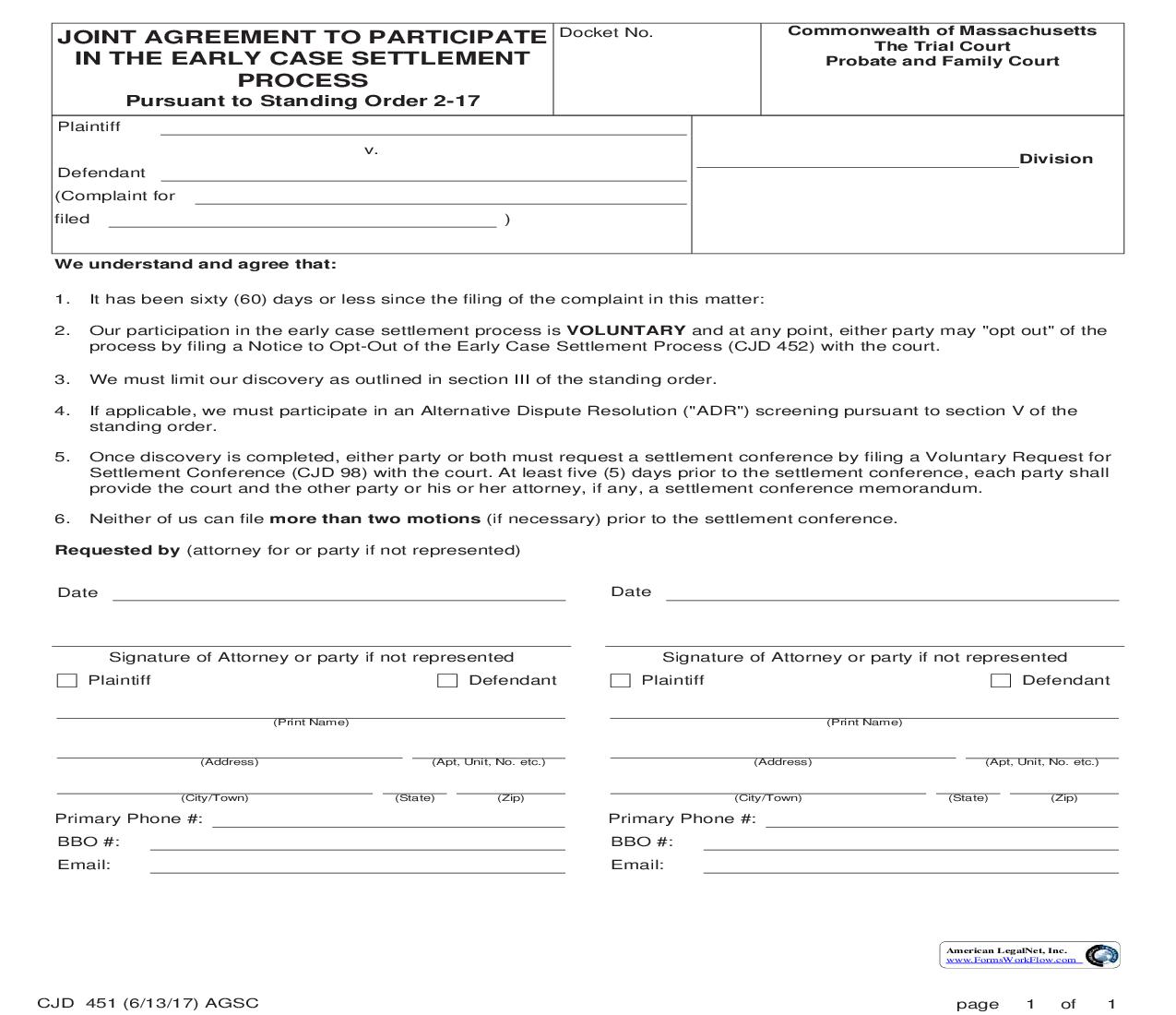 Joint Agreement To Participate In The Early Case Settlement Process {CJD 451} | Pdf Fpdf Doc Docx | Massachusetts
