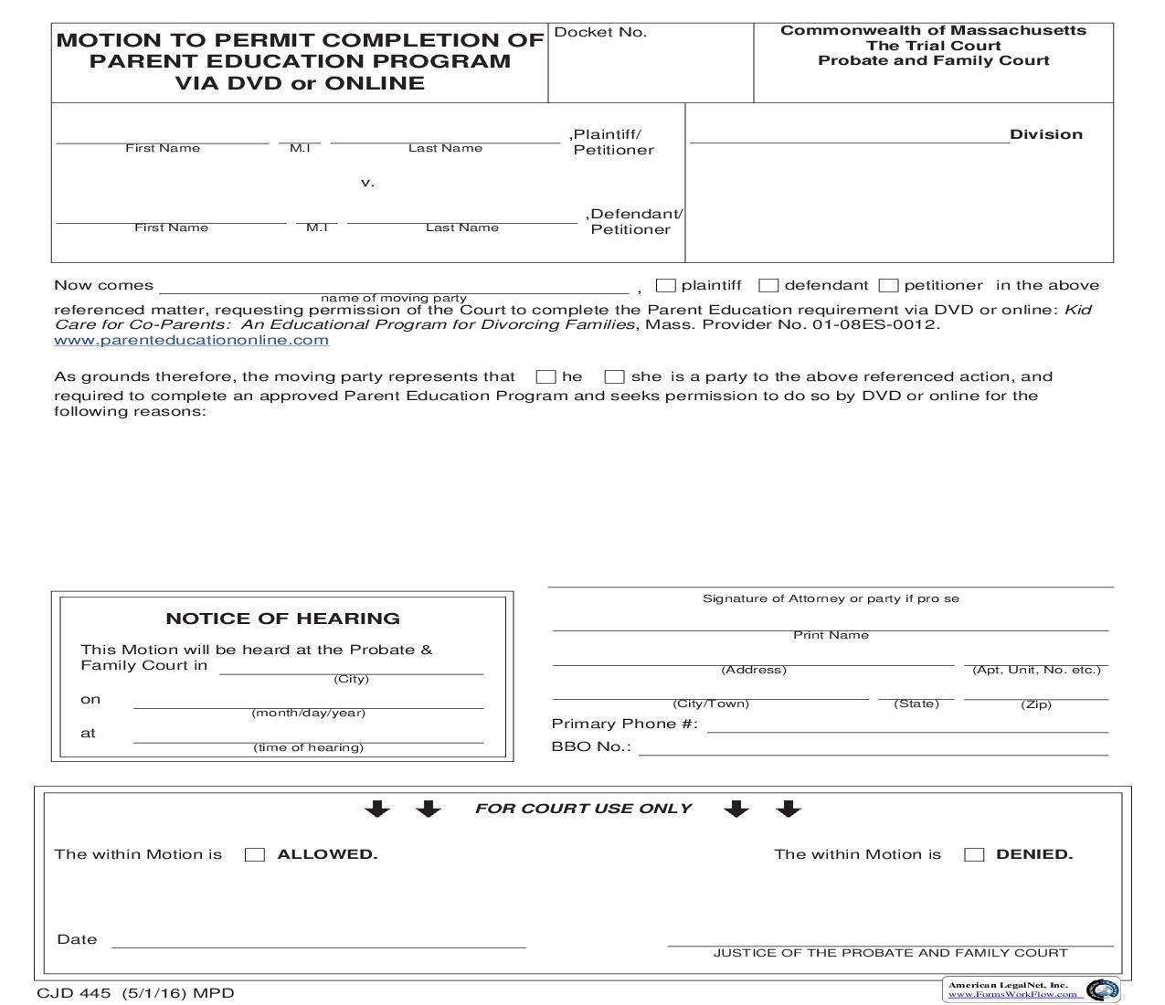 Motion To Permit Completion Of Parent Education Program Via DVD Or Online {CJD 445} | Pdf Fpdf Doc Docx | Massachusetts