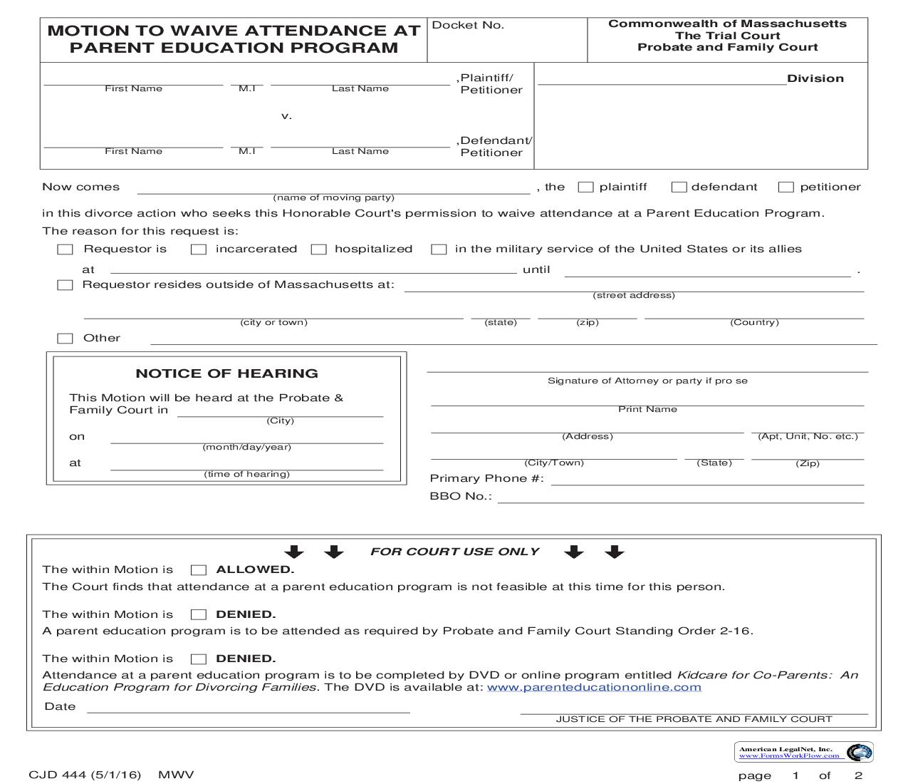 Motion To Waive Attendance At Parent Education Program {CJD 444} | Pdf Fpdf Doc Docx | Massachusetts