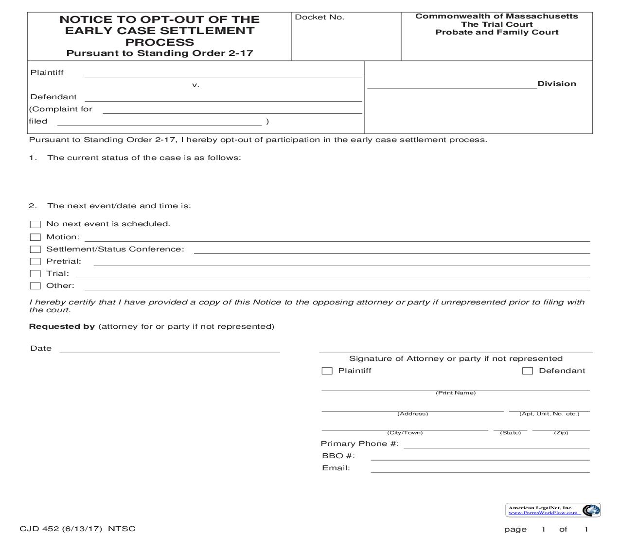 Notice To Opt-Out Of The Early Case Settlement Process {CJD 452} | Pdf Fpdf Doc Docx | Massachusetts